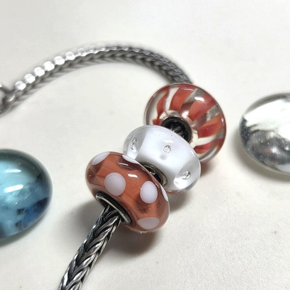 Trollbeads Orange And White Glass Beads Combo Set Of 3 Beads Bubble Stripe Dotty